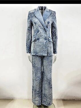 Denim Floral Jacquard Pantsuit